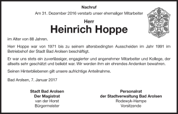 Traueranzeige von Heinrich Hoppe von Waldeckische Landeszeitung