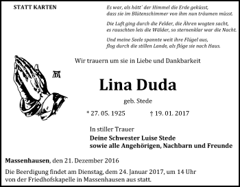 Traueranzeige von Lina Duda von Waldeckische Landeszeitung