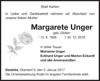 Traueranzeige von Margarete Unger von Waldeckische Landeszeitung