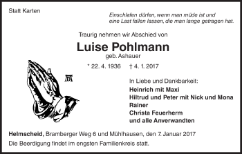 Traueranzeige von Luise Pohlmann von Waldeckische Landeszeitung