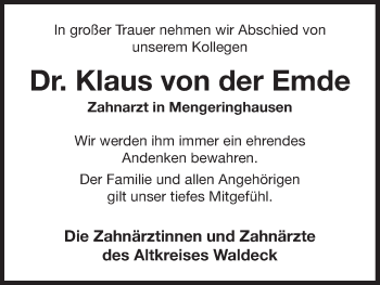 Traueranzeige von Klaus von der Emde von Waldeckische Landeszeitung