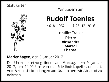 Traueranzeige von Rudolf Toenies von Waldeckische Landeszeitung