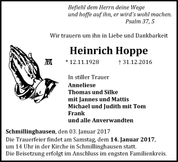 Traueranzeige von Heinrich Hoppe von Waldeckische Landeszeitung