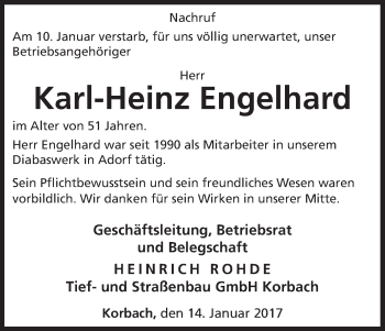 Traueranzeige von Karl-Heinz Engelhard von Waldeckische Landeszeitung