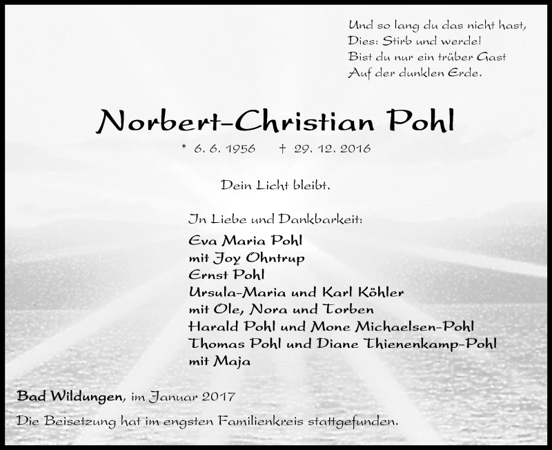  Traueranzeige für Norbert-Christian Pohl vom 16.01.2017 aus Waldeckische Landeszeitung