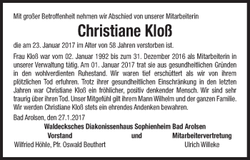 Traueranzeige von Christiane Kloß von Waldeckische Landeszeitung