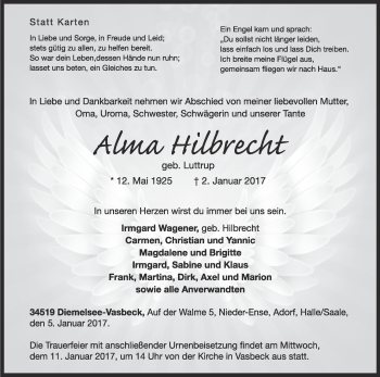 Traueranzeige von Alma Hilbrecht von Waldeckische Landeszeitung