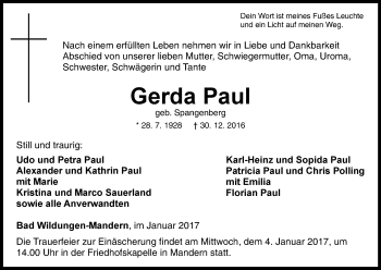 Traueranzeige von Gerda Paul von Waldeckische Landeszeitung