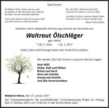 Traueranzeige von Waltraut Ölschläger von Waldeckische Landeszeitung
