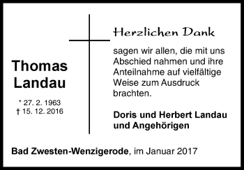 Traueranzeige von Thomas Landau von Waldeckische Landeszeitung