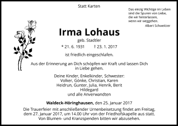 Traueranzeige von Irma Lohaus von Waldeckische Landeszeitung