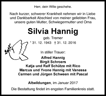 Traueranzeige von Silvia Hannig von Waldeckische Landeszeitung