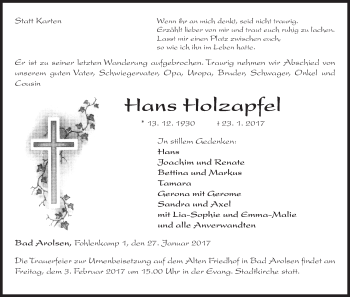 Traueranzeige von Hans Holzapfel von Waldeckische Landeszeitung