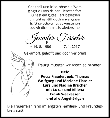 Traueranzeige von Jennifer Fisseler von Waldeckische Landeszeitung