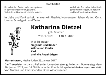 Traueranzeige von Katharina Dietzel von Waldeckische Landeszeitung