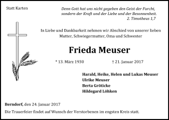 Traueranzeige von Frieda Meuser von Waldeckische Landeszeitung