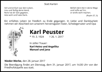 Traueranzeige von Karl Peuster von Waldeckische Landeszeitung