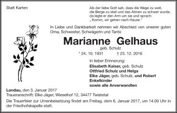 Traueranzeige von Marianne Gelhaus von Waldeckische Landeszeitung