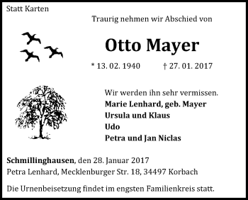 Traueranzeige von Otto Mayer von Waldeckische Landeszeitung