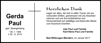 Traueranzeige von Gerda Paul von Waldeckische Landeszeitung