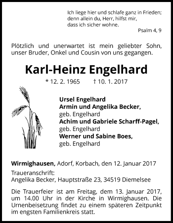 Traueranzeige von Karl-Heinz Engelhard von Waldeckische Landeszeitung