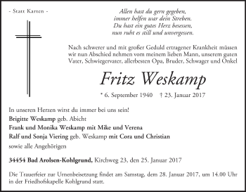 Traueranzeige von Fritz Weskamp von Waldeckische Landeszeitung