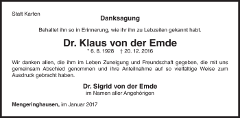 Traueranzeige von Klaus von der Emde von Waldeckische Landeszeitung