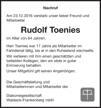 Traueranzeige von Rudolf Toenies von Waldeckische Landeszeitung