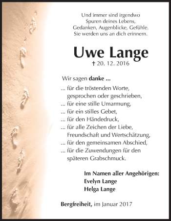 Traueranzeige von Uwe Lange von Waldeckische Landeszeitung