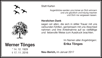 Traueranzeige von Werner Tönges von Waldeckische Landeszeitung