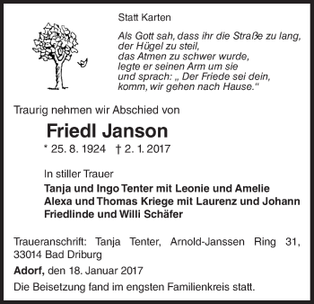 Traueranzeige von Friedl Janson von Waldeckische Landeszeitung