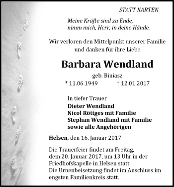 Traueranzeige von Barbara Wendland von Waldeckische Landeszeitung