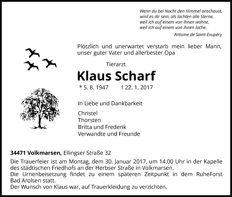  Traueranzeige für Klaus Scharf vom 25.01.2017 aus Waldeckische Landeszeitung