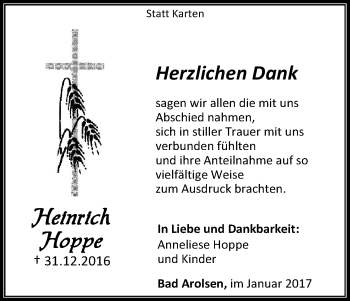 Traueranzeige von Heinrich Hoppe von Waldeckische Landeszeitung