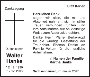 Traueranzeige von Walter Hanke von Waldeckische Landeszeitung