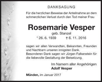 Traueranzeige von Rosemarie Vesper von Waldeckische Landeszeitung