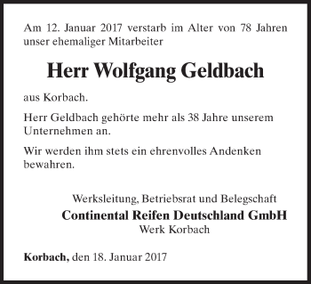 Traueranzeige von Wolfgang Geldbach von Waldeckische Landeszeitung