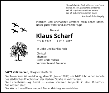 Traueranzeige von Klaus Scharf von Waldeckische Landeszeitung