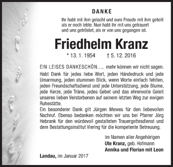 Traueranzeige von Friedhelm Kranz von Waldeckische Landeszeitung