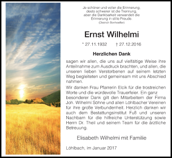 Traueranzeige von Ernst Wilhelmi von Waldeckische Landeszeitung