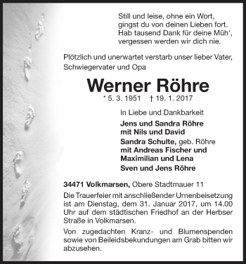 Traueranzeige von Werner Röhre von Waldeckische Landeszeitung
