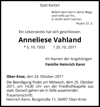 Traueranzeige von Anneliese Vahland von Waldeckische Landeszeitung