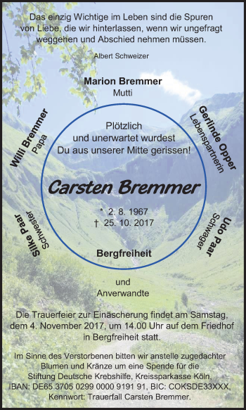 Traueranzeige von Carsten Bremmer von Waldeckische Landeszeitung