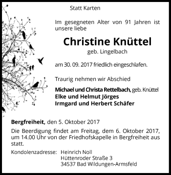 Traueranzeige von Christine Knüttel von Waldeckische Landeszeitung