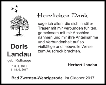 Traueranzeige von Doris Landau von Waldeckische Landeszeitung