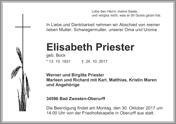 Traueranzeige von Elisabeth Priester von Waldeckische Landeszeitung