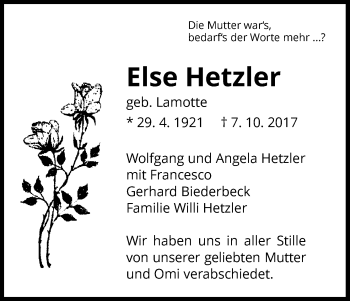 Traueranzeige von Else Hetzler von Waldeckische Landeszeitung