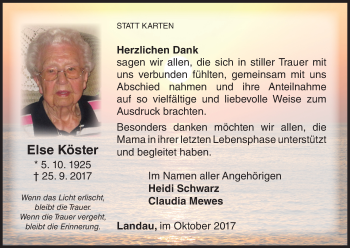 Traueranzeige von Else Köster von Waldeckische Landeszeitung