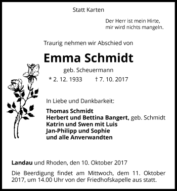 Traueranzeige von Emma Schmidt von Waldeckische Landeszeitung