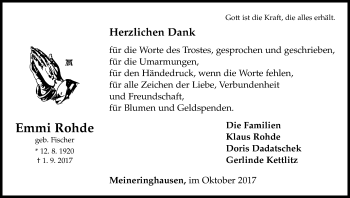 Traueranzeige von Emmi Rohde von Waldeckische Landeszeitung